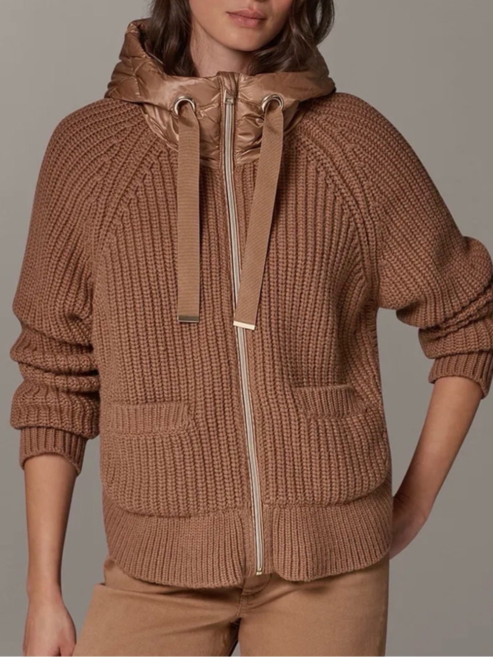 Donna Karan Quilted-Hood Zip Front Knit Cardigan in Camel Brown